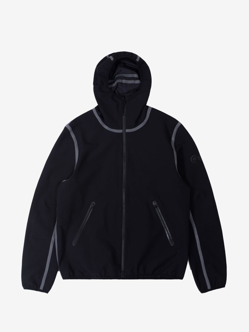 Front view of black soft-shell with double-ended YKK Vislon zip Hooded soft-shell jacket with adjustable toggles and elastic-bound edges