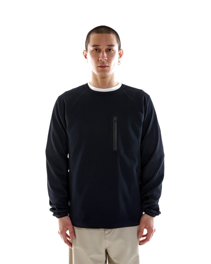 Model wearing Waffle LS Jersey with compact hood and high placket