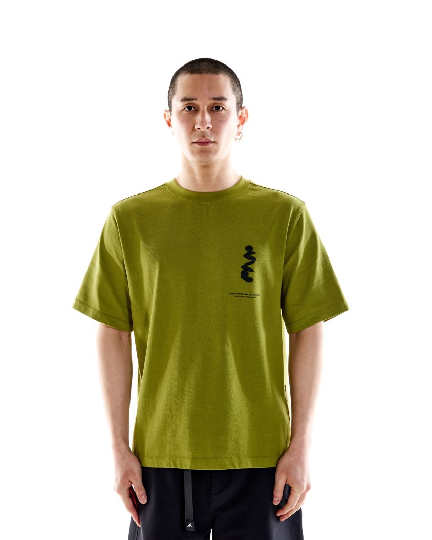 Model wearing Boulders SS Tee Olive with graphic print on chest. premium heavyweight cotton